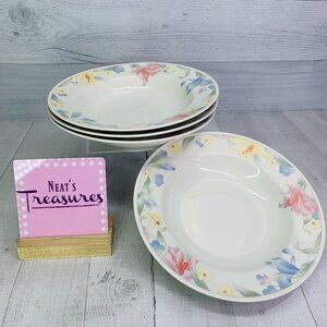 90's Lynn's China JULIE Yellow Purple Pink Floral  Rim China Soup Bowls Set 4